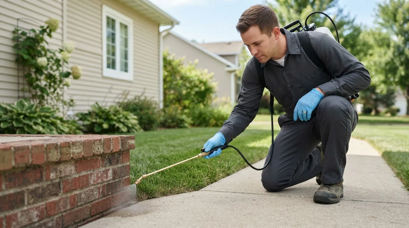 Pest control technician treating a home near Luverne, MN